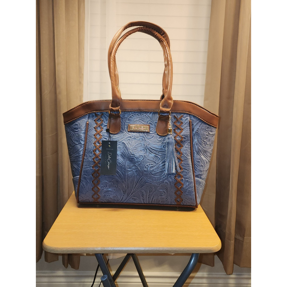 Denim Blue Brown Cross Stitch Embossed Tooled Artisan LEATHER Hobo Bag Purse - Picture 3 of 9